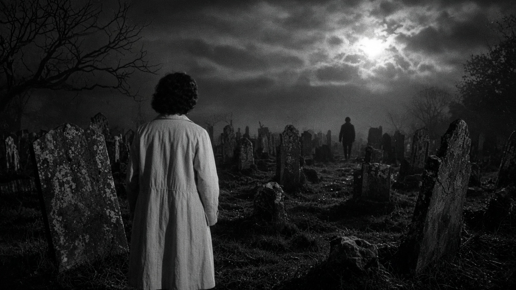 A woman in a pale coat stands among leaning headstones as a figure approaches.