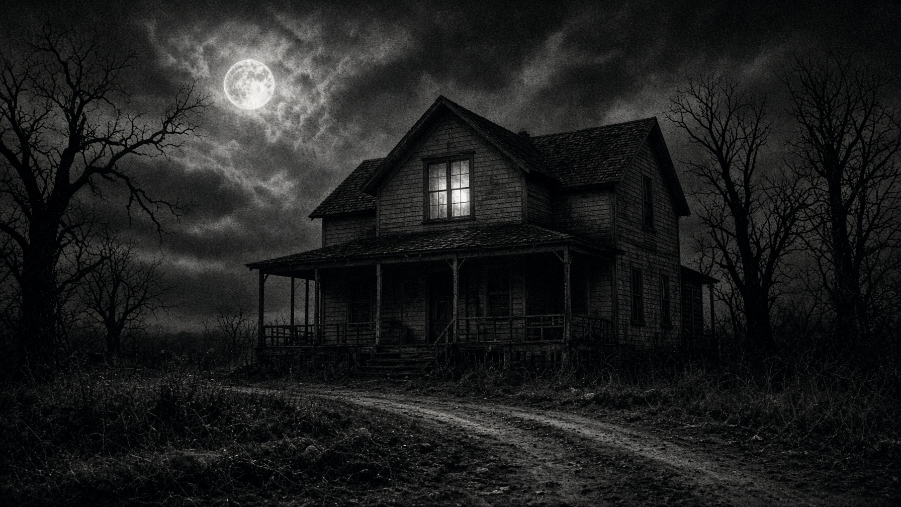 A boarded farmhouse at night, one window lit, a dirt road to the porch.